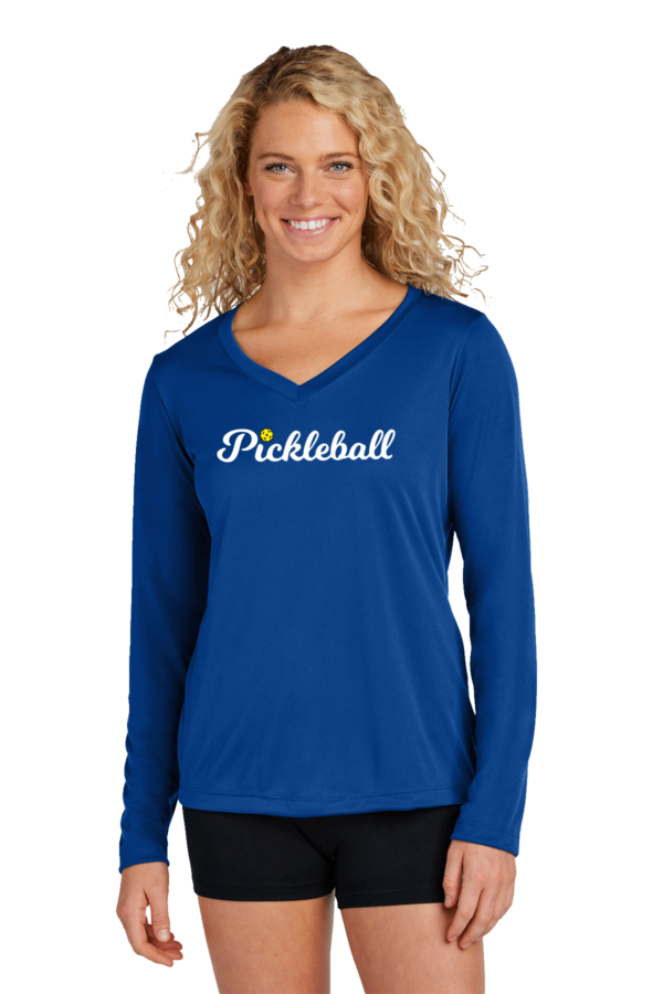 Ladies SportTek Long Sleeve V Neck Scroll