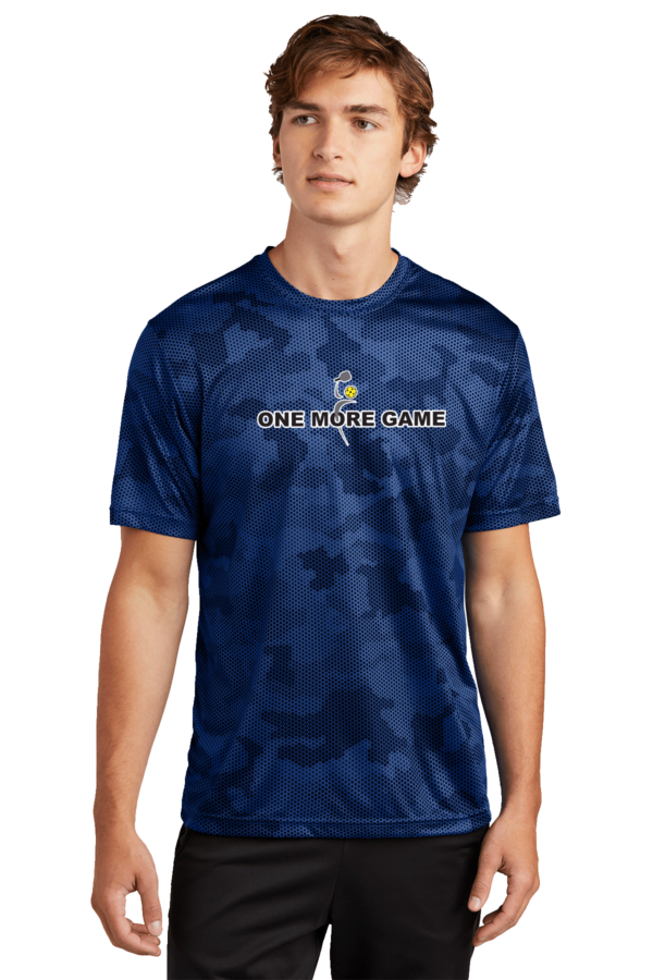 Mens SportTek Short Sleeve CamoHex One More Game Center Front